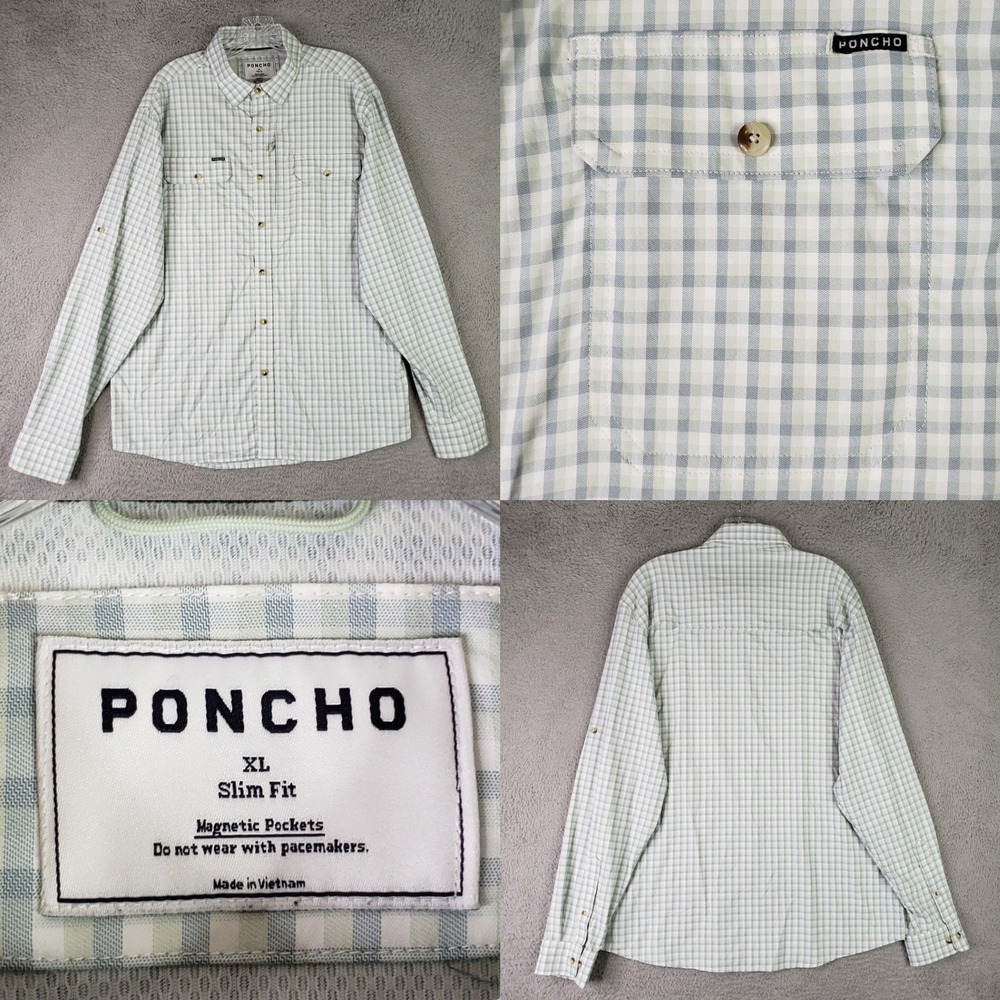 Poncho Fishing Shirt Mens XL White Plaid Magnetic Buttons Slim Fit Long Sleeve